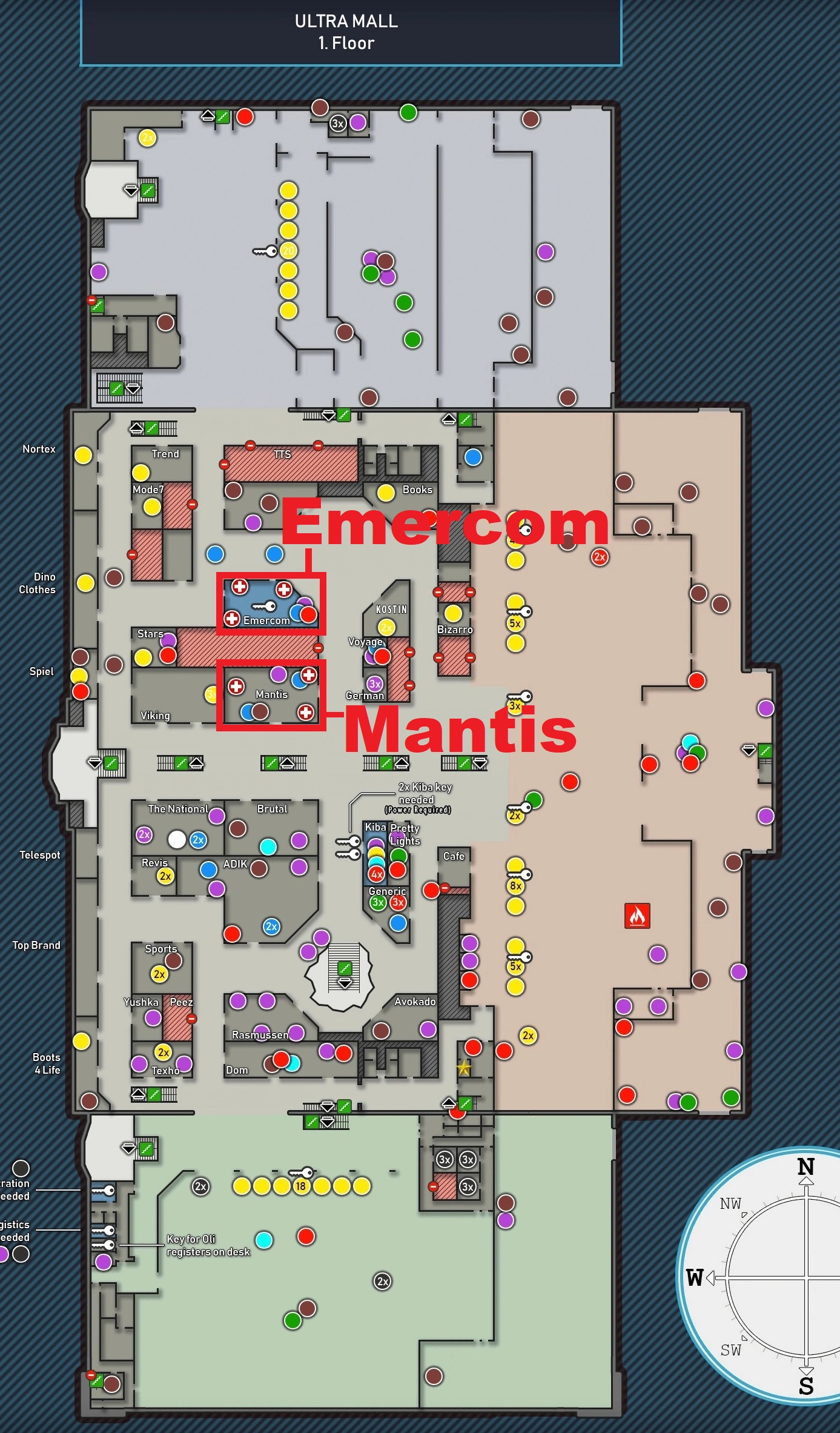 一层地图上标记的EMERCOM单位和Mantis商店位置